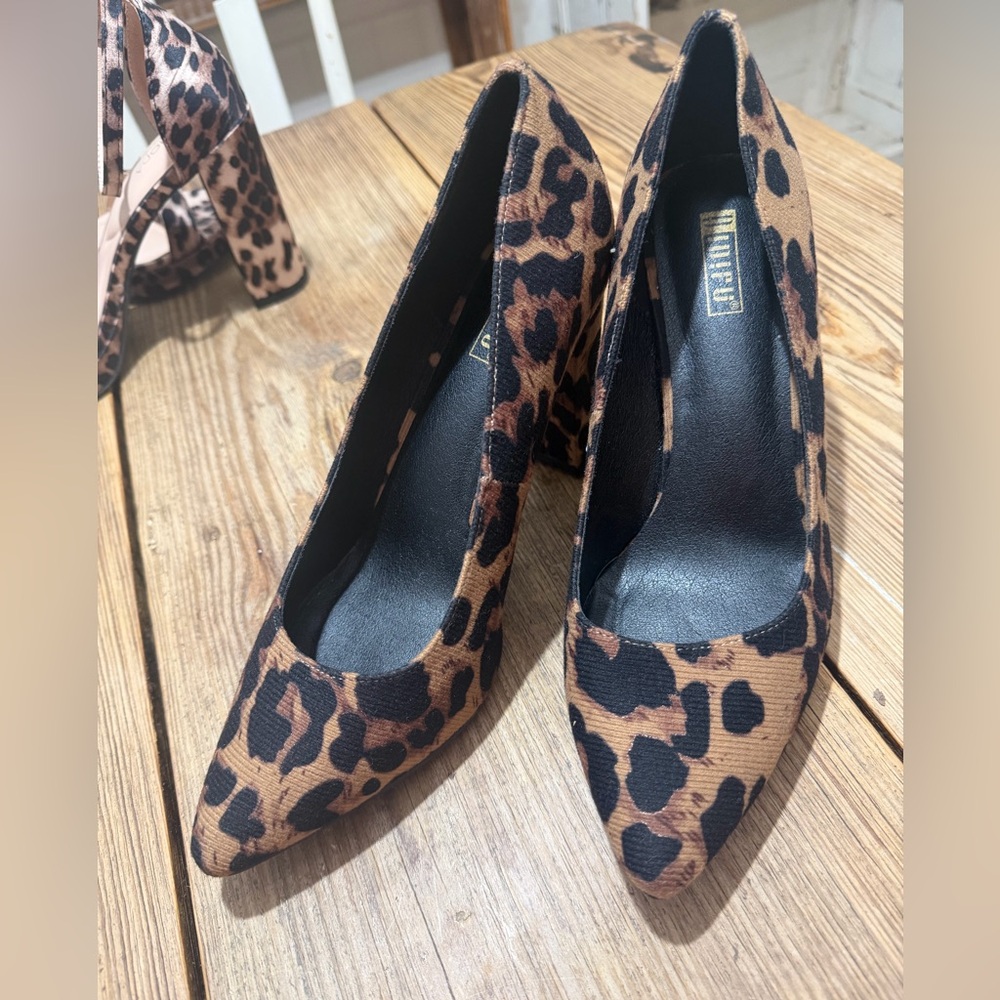Leopard print with thick 4” heels.